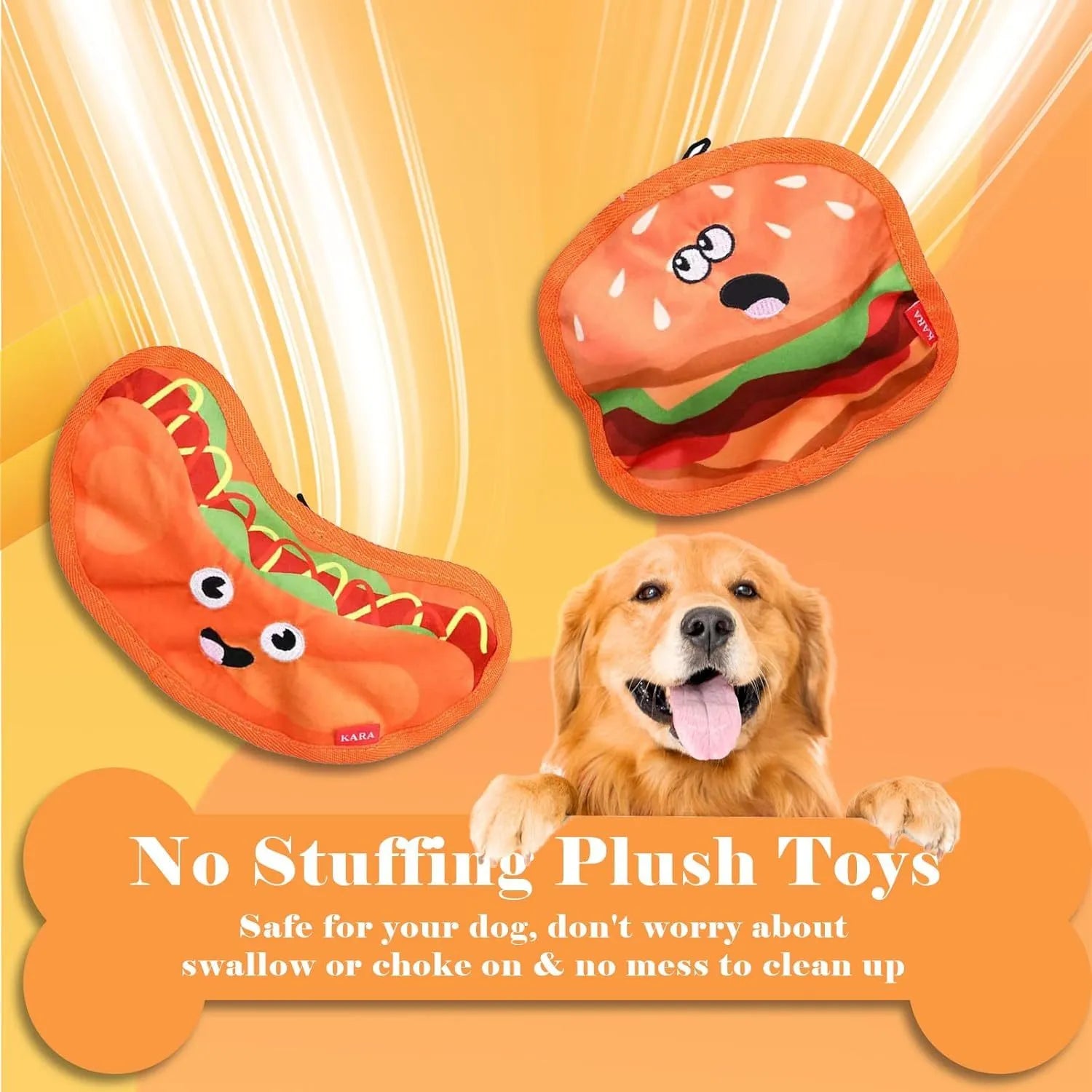 Hamburger-shaped dog toy with vivid colours featuring crinkle and squeaker sounds for interactive play