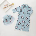 Boy's penguin print long sleeve swimsuit set with swimming cap for sun protection