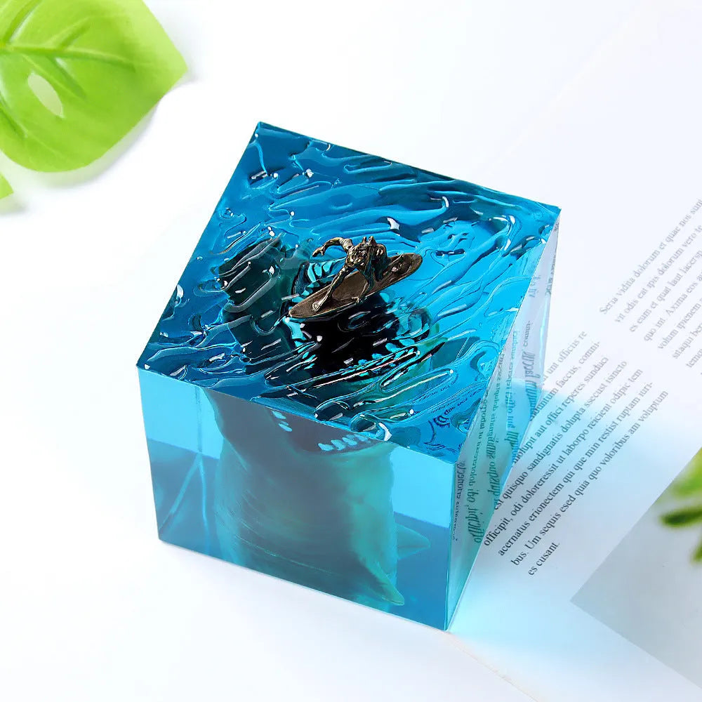 Crystal clear epoxy resin shark surfing night light ornament in modern minimalist style