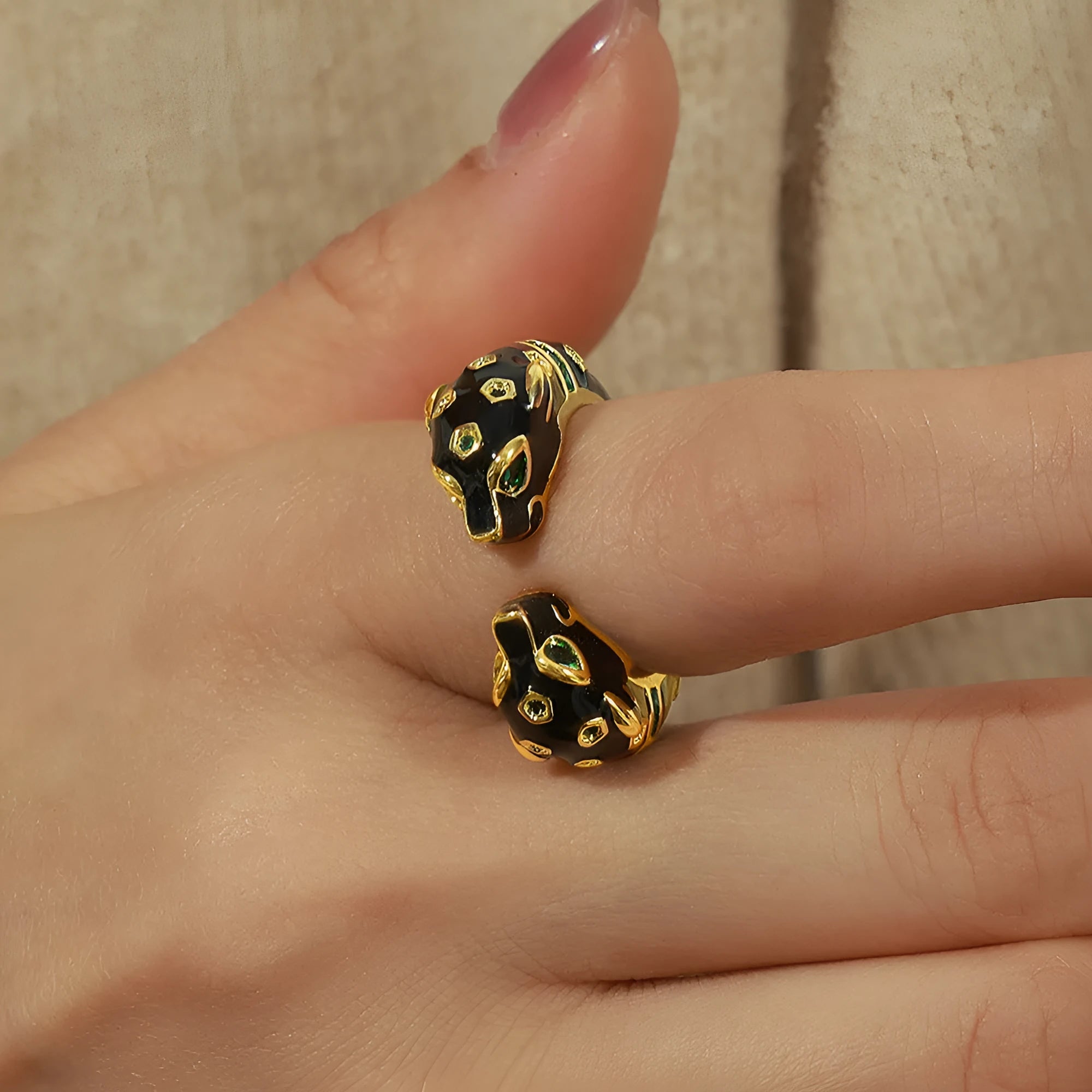 Copper geometric open ring with black cheetah electroplated pattern, size 7
