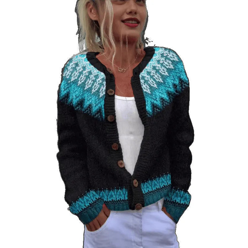 Yellow cardigan knitted coat with a 3D digital print pattern, shown open with regular sleeves.