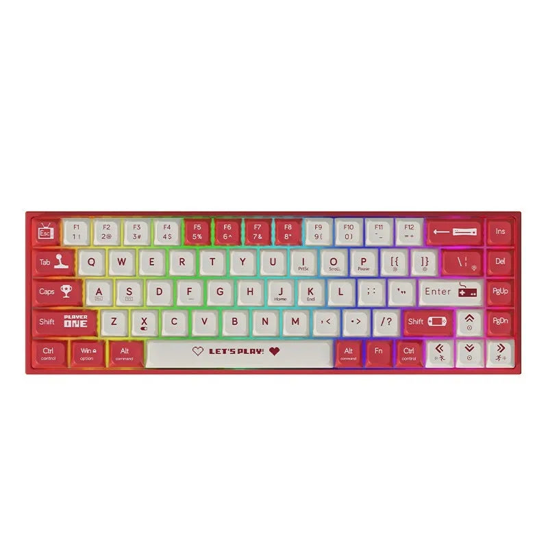 Ajazz AK680 red and white mixed colour hot-swappable mechanical gaming keyboard on a desk
