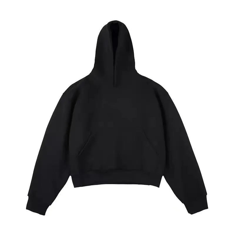 Short black Chinese cotton silver fox velvet hooded sweater with removable hood on a model.