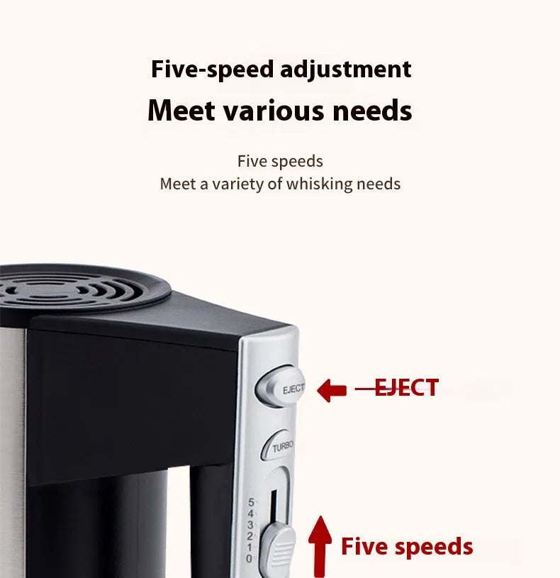 Handheld electric whisk mixer with speed control buttons and dual voltage compatibility