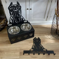 Personalised dog bowl holder with custom dog name in stainless steel and iron, 33 cm size