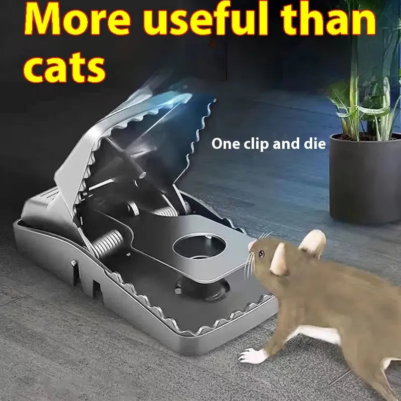 Automatic reusable mouse trap shown in small, medium, and large sizes with metal and plastic variants.