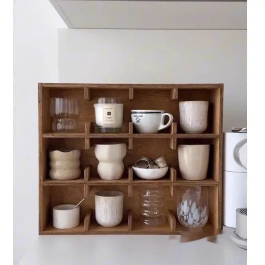 Square birch wood cup storage rack with multiple grid compartments for mug and glass organisation