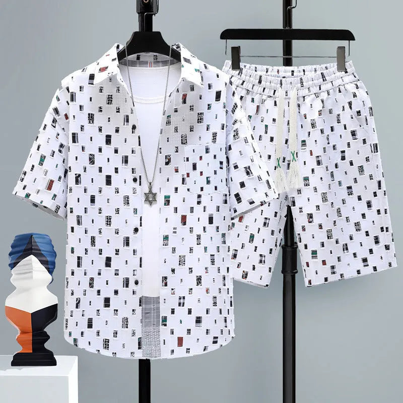 Men's polyester casual sports shorts two-piece set with matching short sleeve top