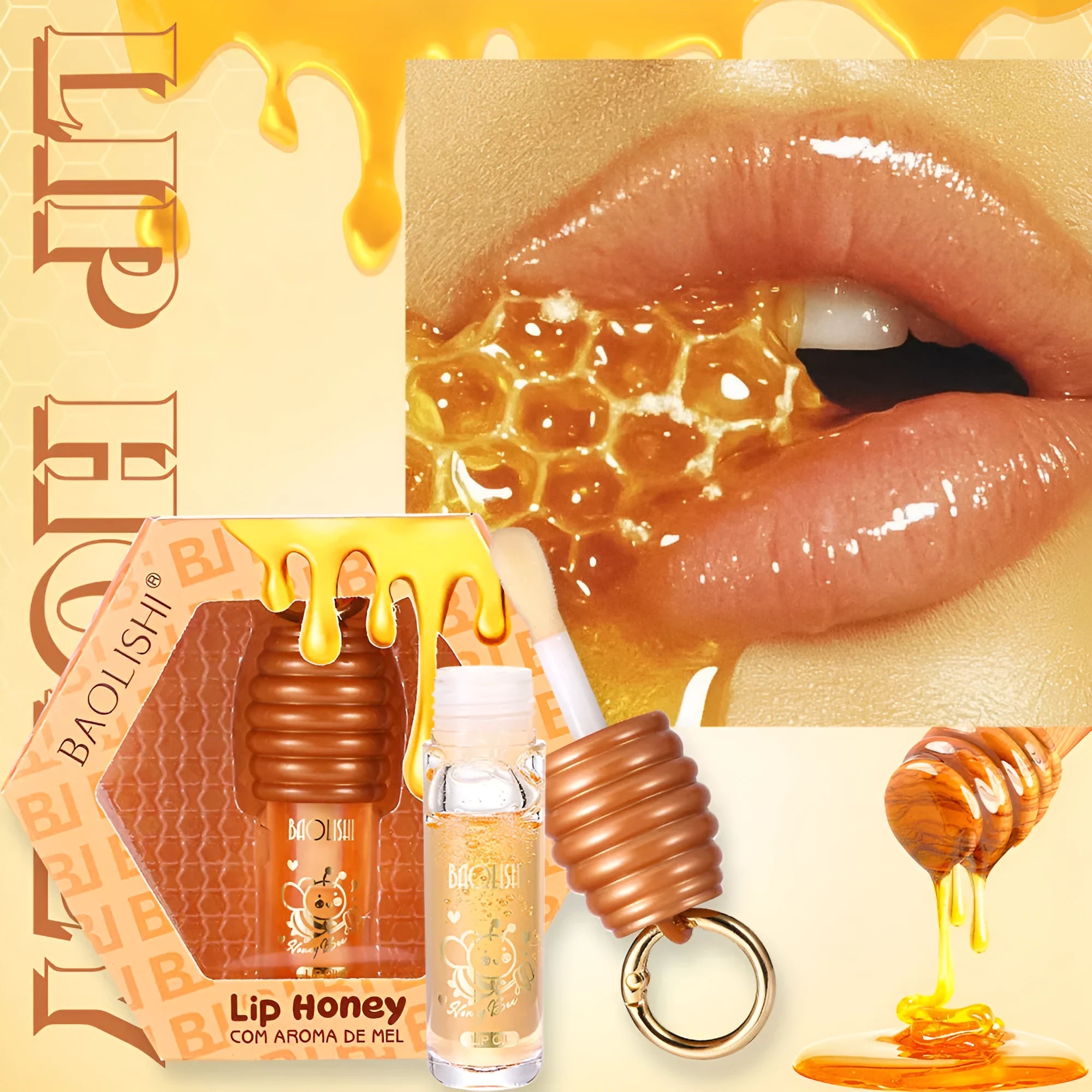 Portable honey lip gloss with keychain attached to bag strap