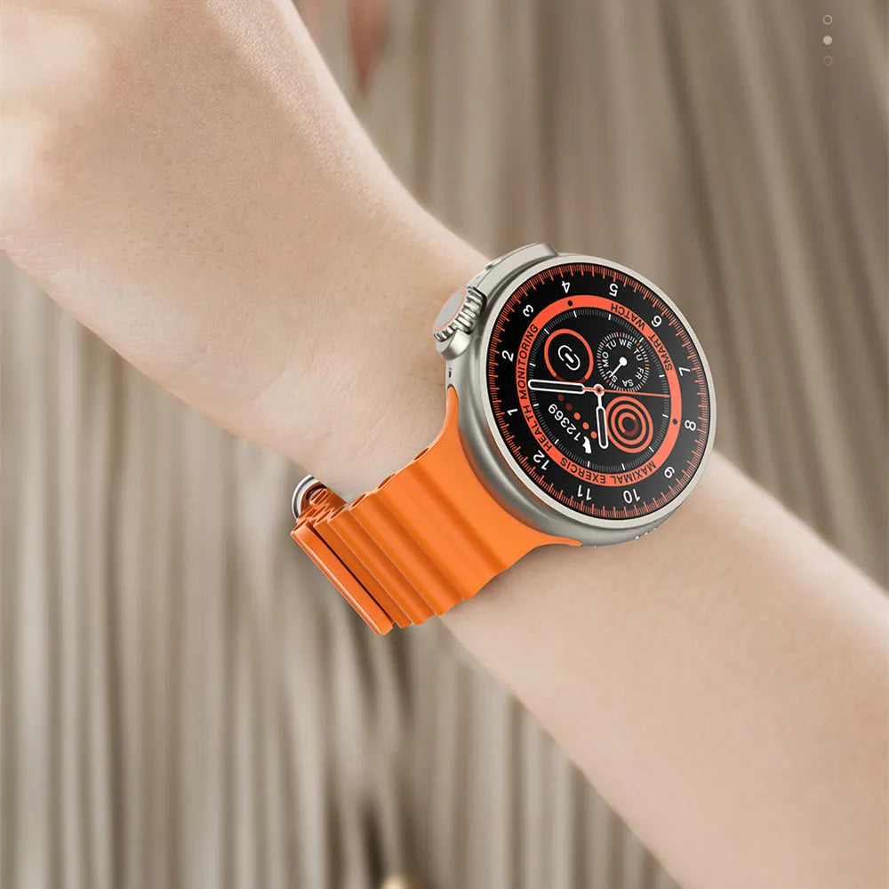 K9 smart watch with round screen showing health metrics and NFC payment interface