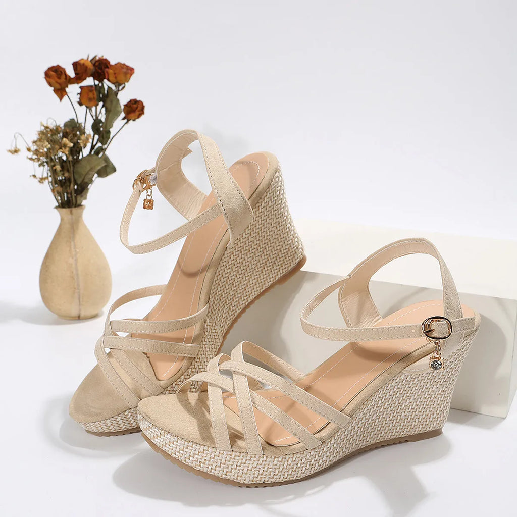 Women's black cloth wedge sandals with fish mouth toe design