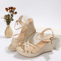 Women's black cloth wedge sandals with fish mouth toe design