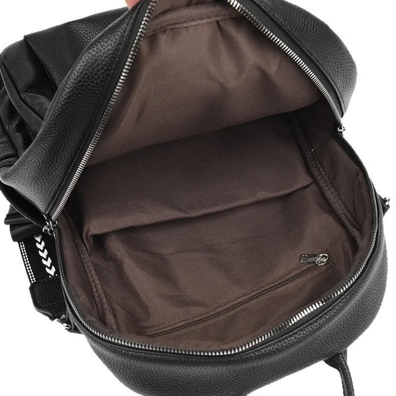 Genuine leather commuting backpack with flap pocket, black yellow beige options, water-resistant multi-pocket design