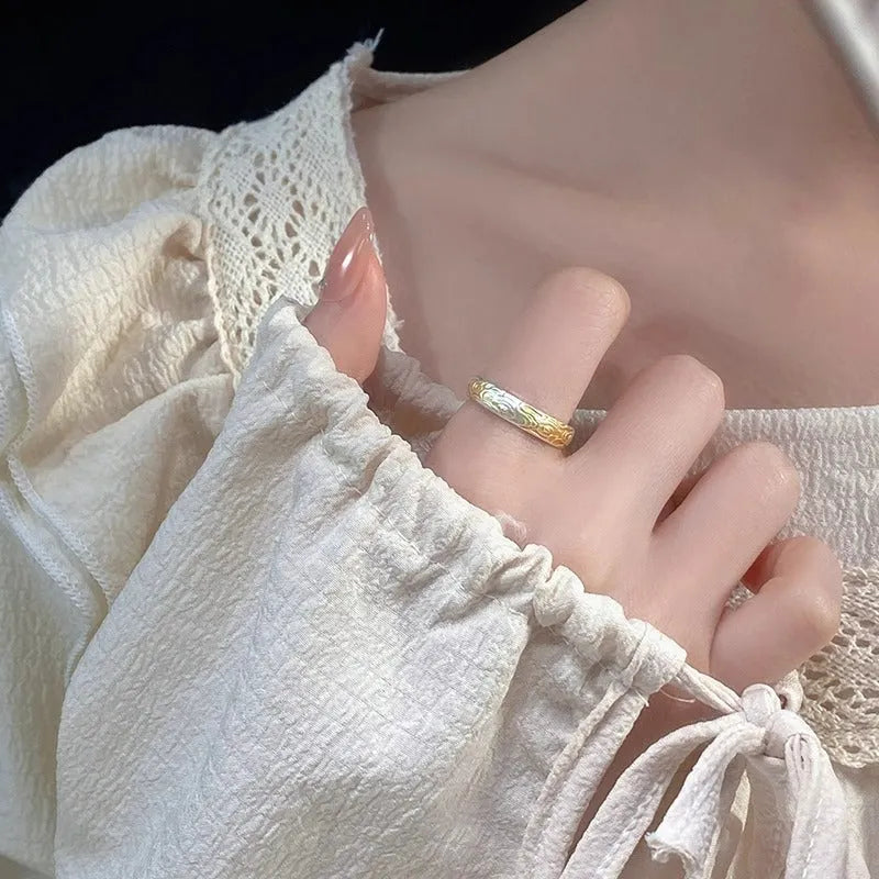 Adjustable white copper ring with Xiangyun pattern and gold electroplated finish