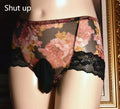 Men's printed ultra-thin mesh underwear briefs in multiple colours on a size chart background.