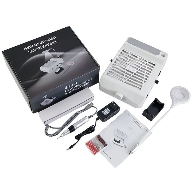 White four-in-one nail grinder machine with vacuum cleaner system for manicures