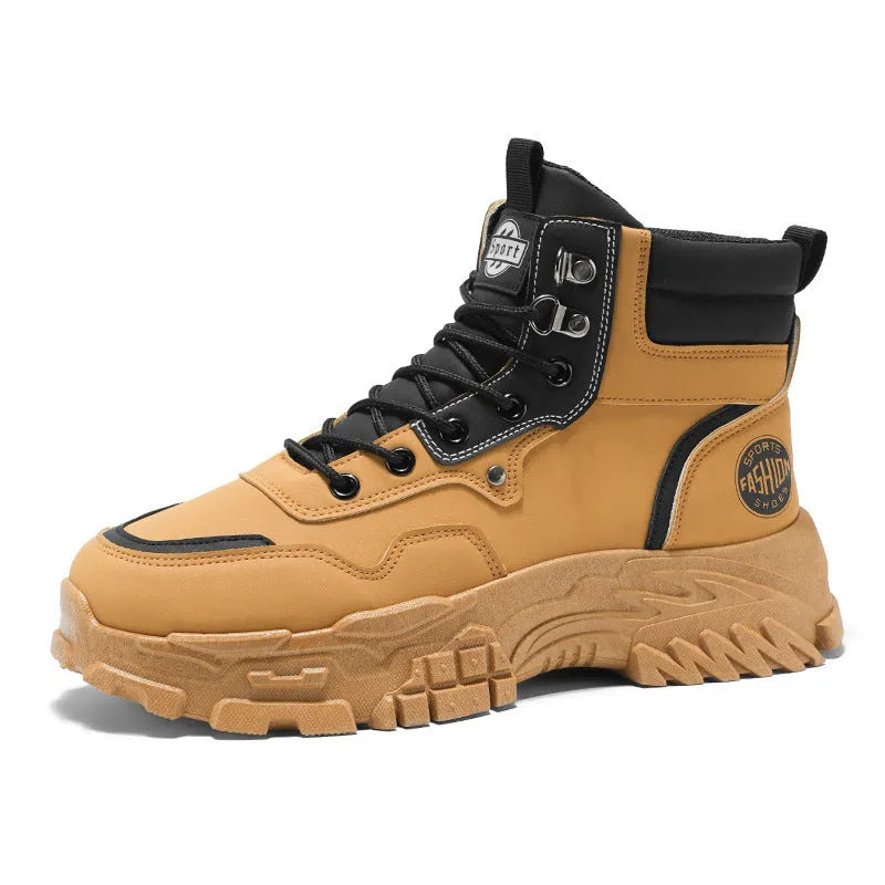 Men's black and yellow high-top Martin boots with a mid heel and injection moulded sole.