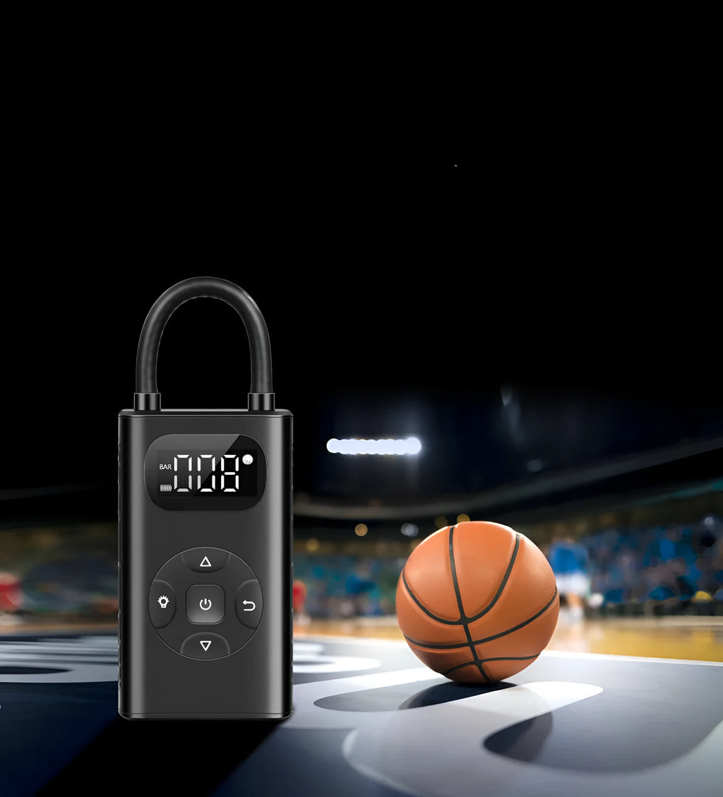 Black portable power bank tyre inflator with hose for cars and bikes