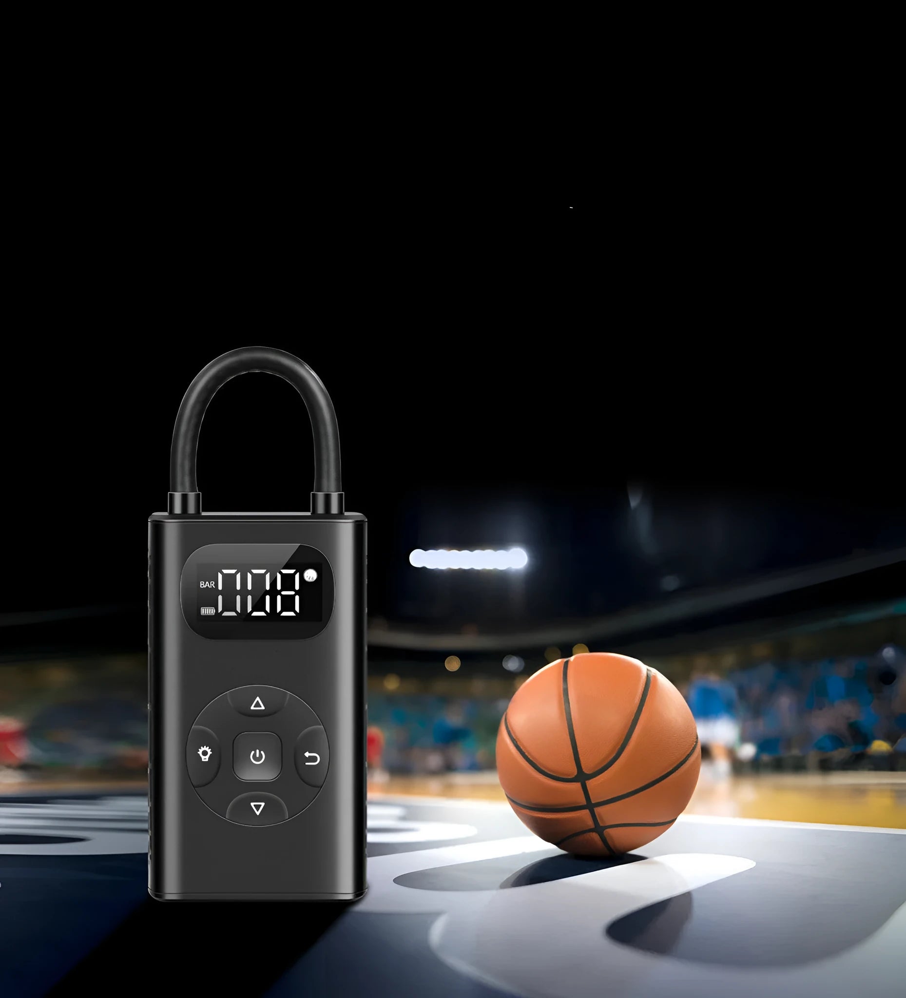 Black portable power bank tyre inflator with hose for cars and bikes