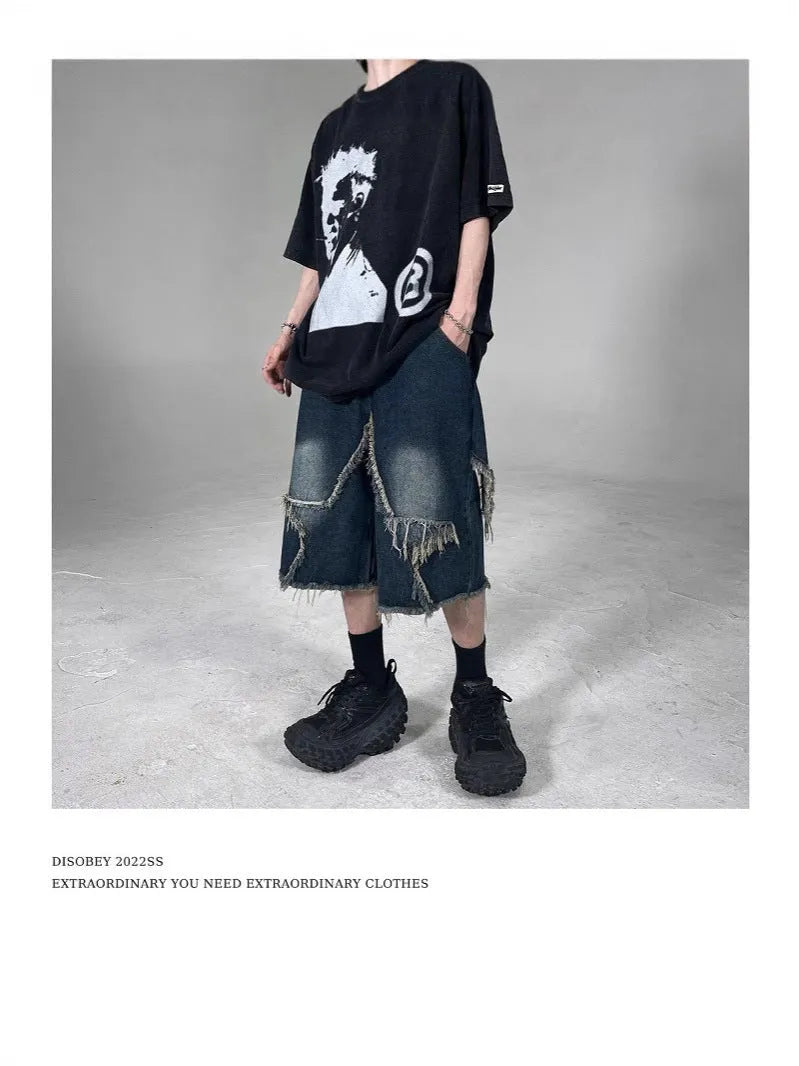 Blue retro denim shorts with frayed five-pointed star design and loose fit for men