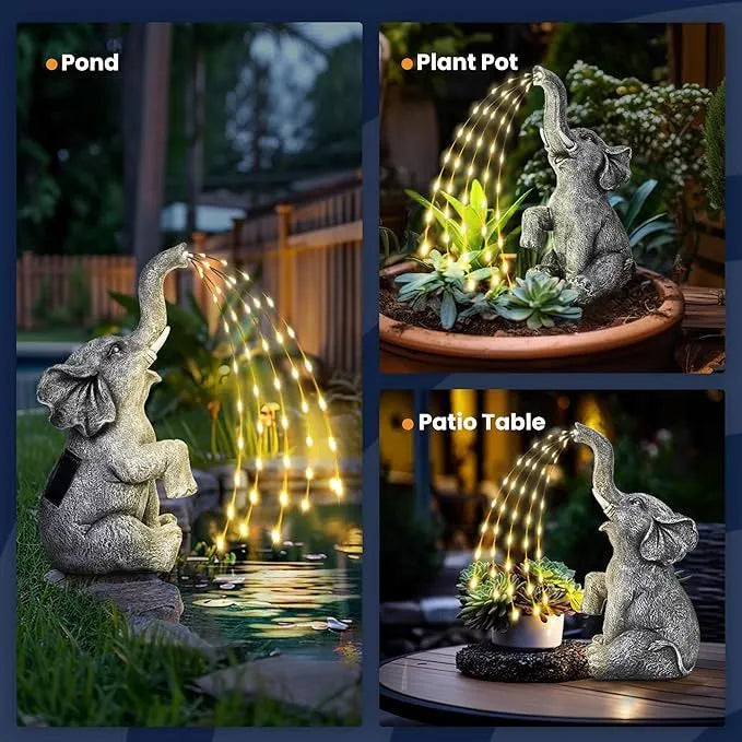 Resin elephant garden sculpture with integrated LED lighting strip for outdoor decoration
