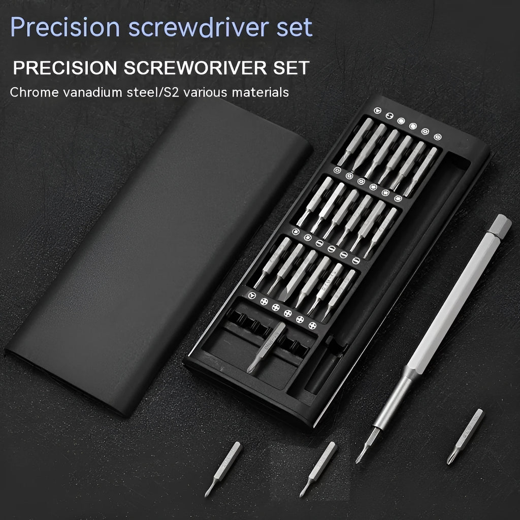 24-in-1 magnetic precision screwdriver set with case, chrome vanadium steel shaft, and assorted 4mm bits.