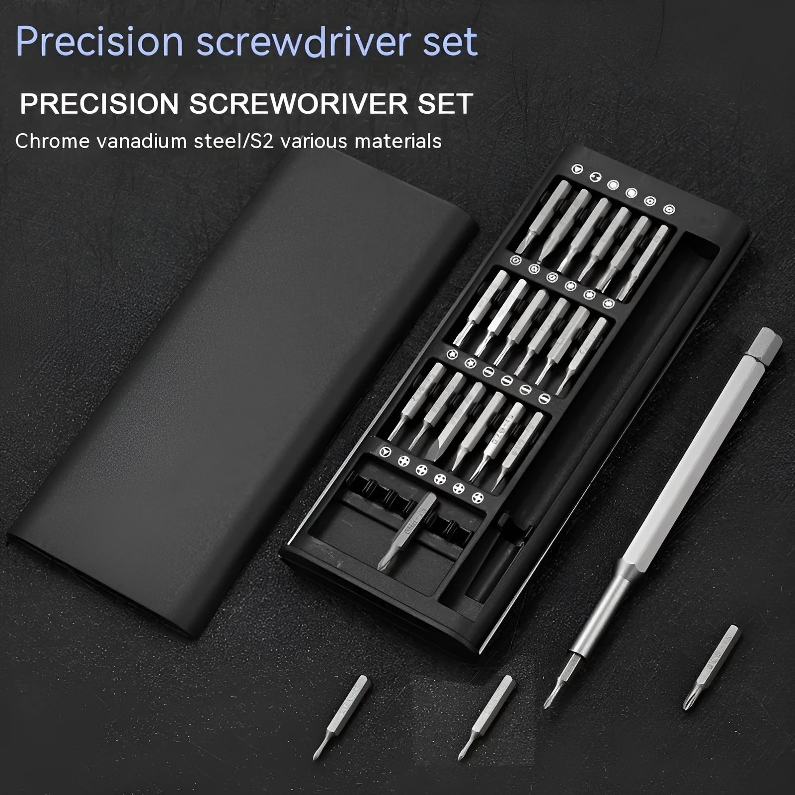 24-in-1 magnetic precision screwdriver set with case, chrome vanadium steel shaft, and assorted 4mm bits.