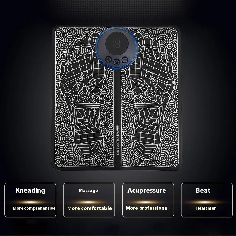 Leather foot massage cushion with remote control and LCD screen showing massage modes