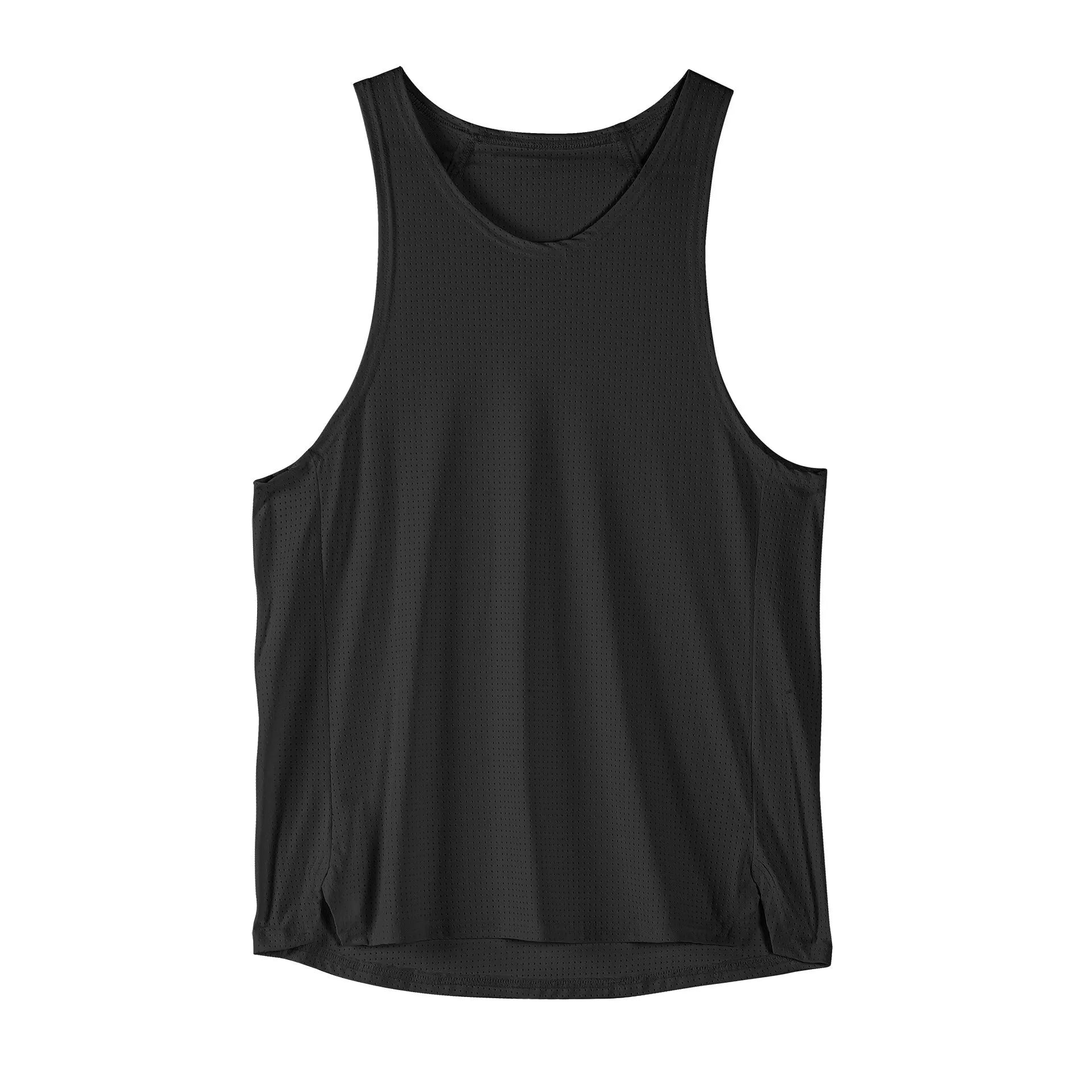 Men's black nylon sleeveless vest showing front view with size tag