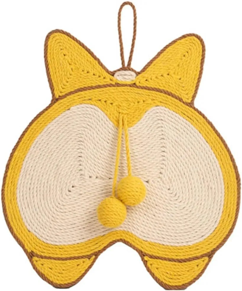 Yellow Corgi butt design sisal cat scratching pad with anti-slip base and wall mounting hooks