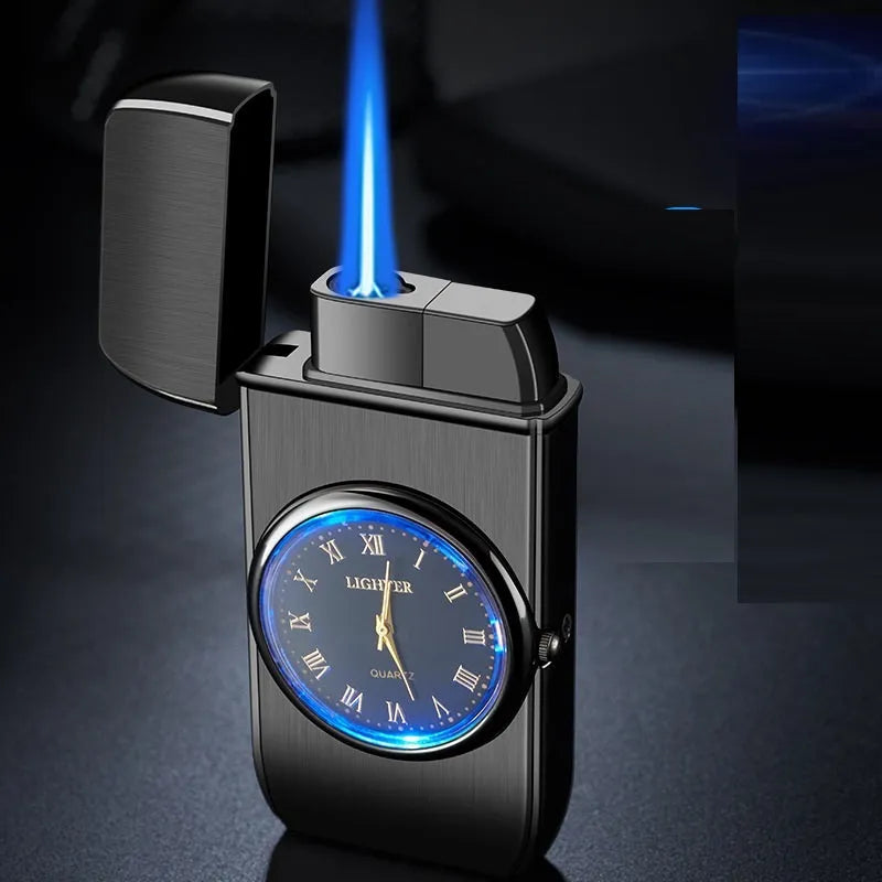 Personalized electronic watch lighter with LED lamp in metal body showing multiple functions