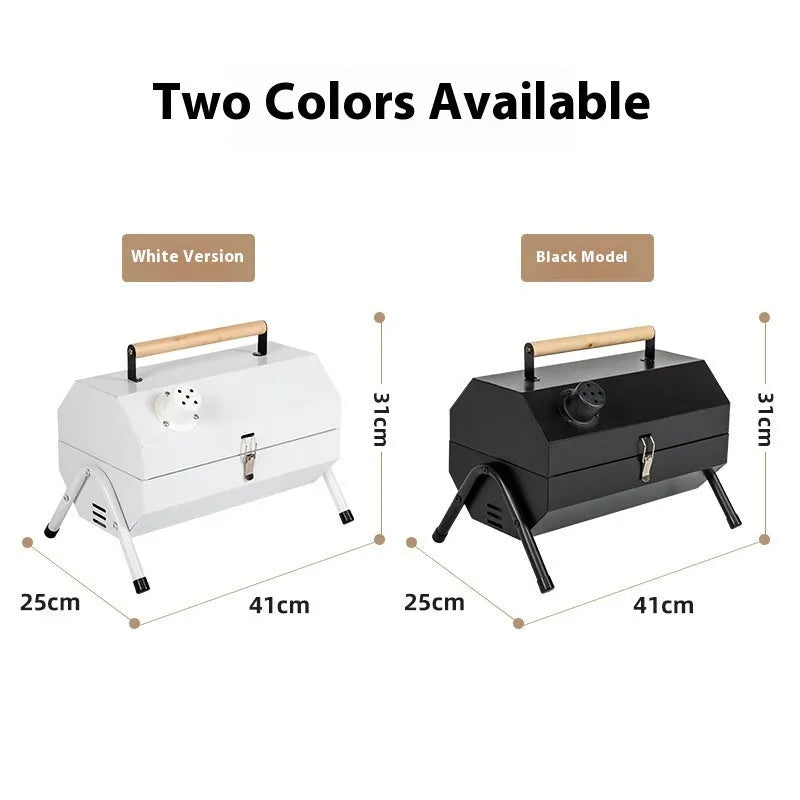 White portable folding charcoal grill with round chimney oven design and detachable carbon tanks
