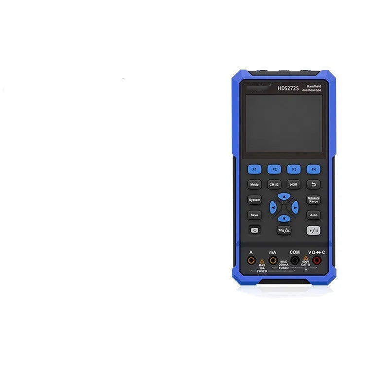 Owon HDS272 handheld digital oscilloscope with screen, probes, and accessories on a grey background.