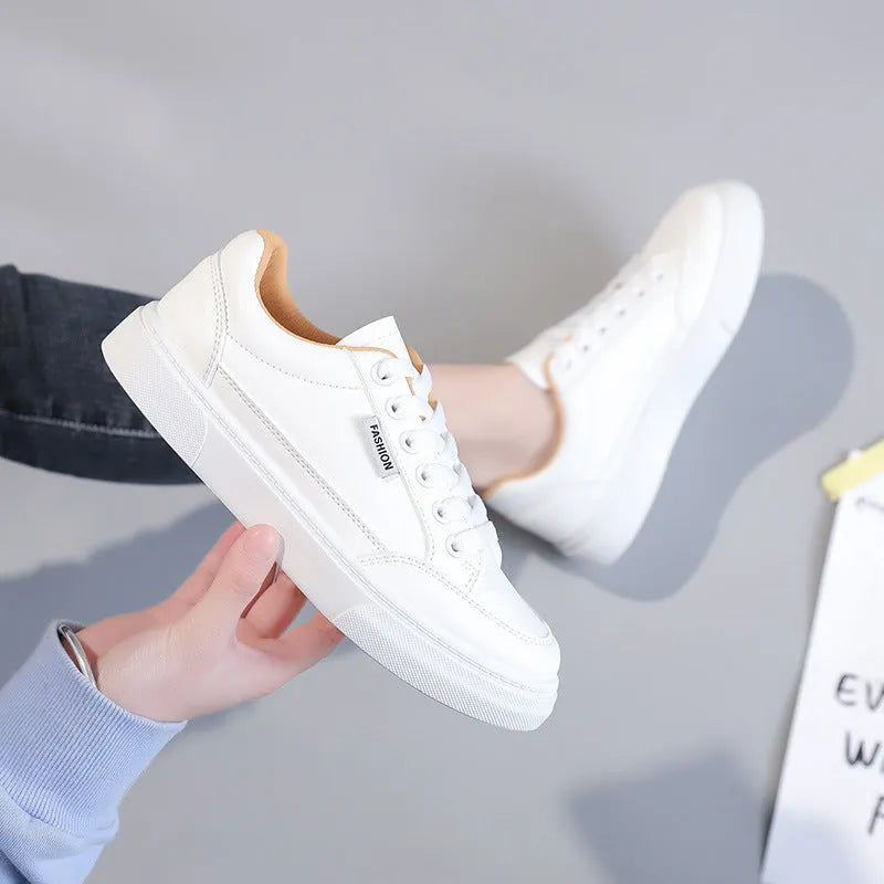 Korean-style women's low-top sneakers in white or brown with artificial PU upper.