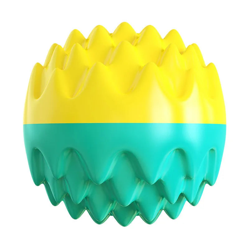 Blue and orange spiky rubber dog ball with dental cleaning texture and squeaker