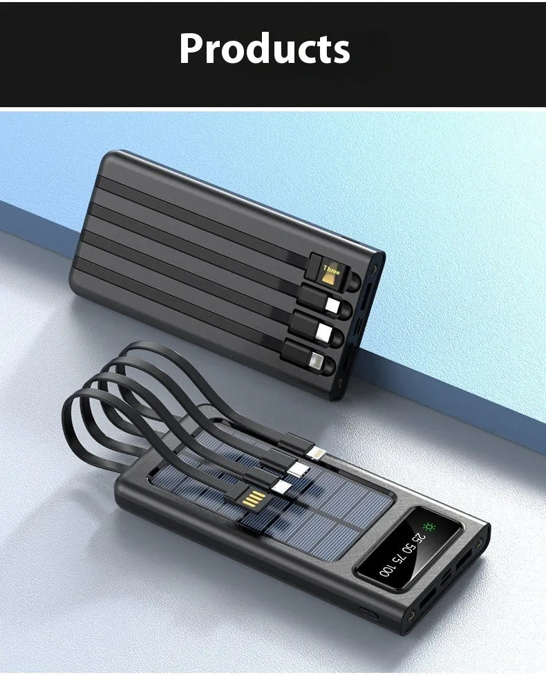 Black or white solar power bank portable charger measuring 148x71x19mm with four-wire cable