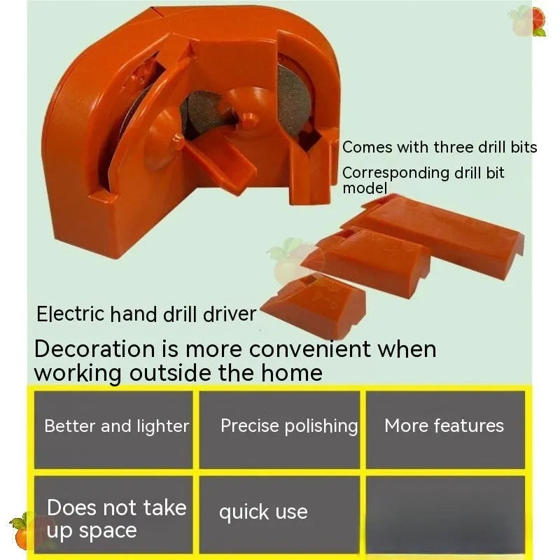 Portable grinding drill tool with orange and black sander sets showing irregular style construction