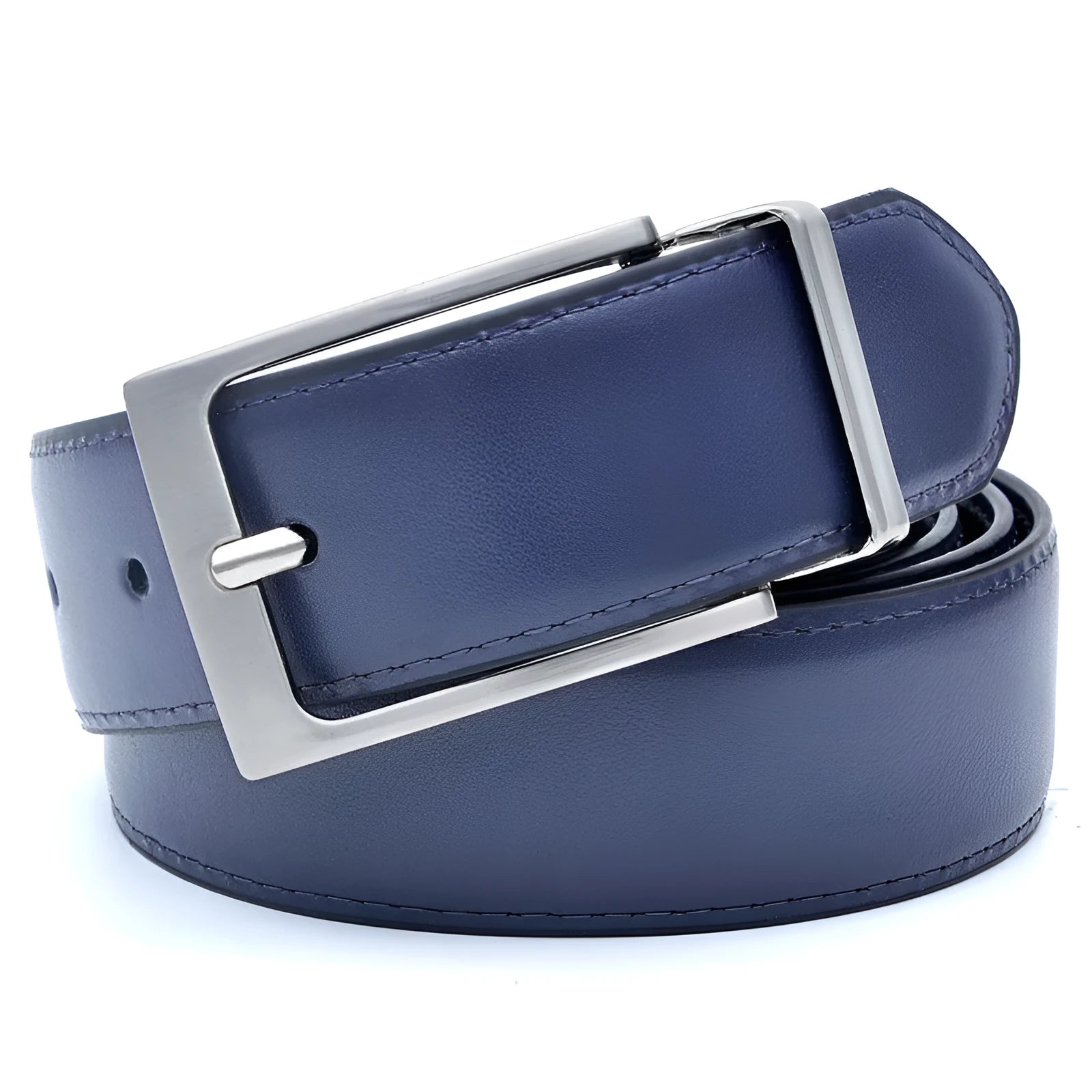 Men's brown and black genuine cowhide leather belt with a rotating alloy pin buckle