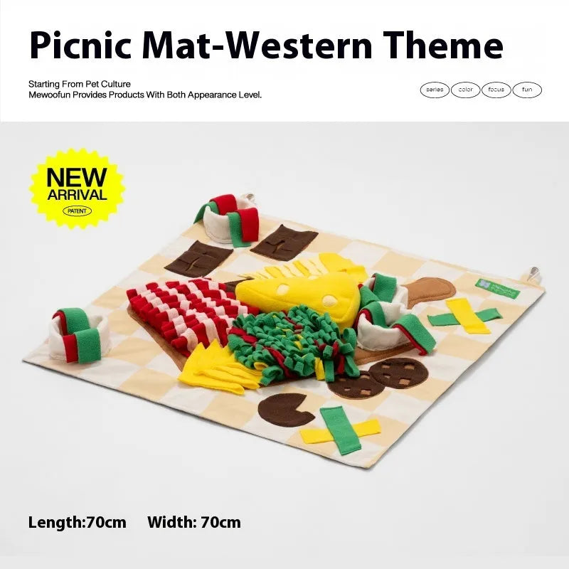 Dog sniffing mat with printed Garden Camping theme pattern, a plastic fabric puzzle toy for hiding treats.