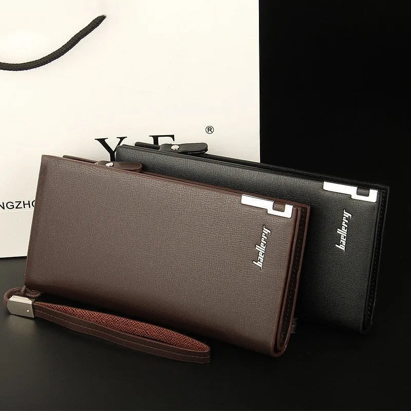 Men's black PU leather zipper wallet showing multiple compartments and secure closure