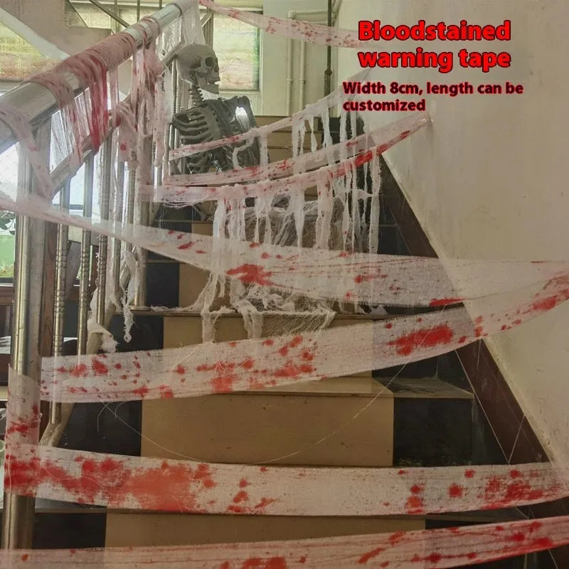Halloween bloody horror bandage in red colour with 8cm width on a roll for spooky decorations