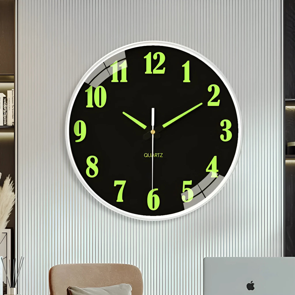 20cm modern wall clock with luminous hands and a thick plastic shell in multiple colour options.