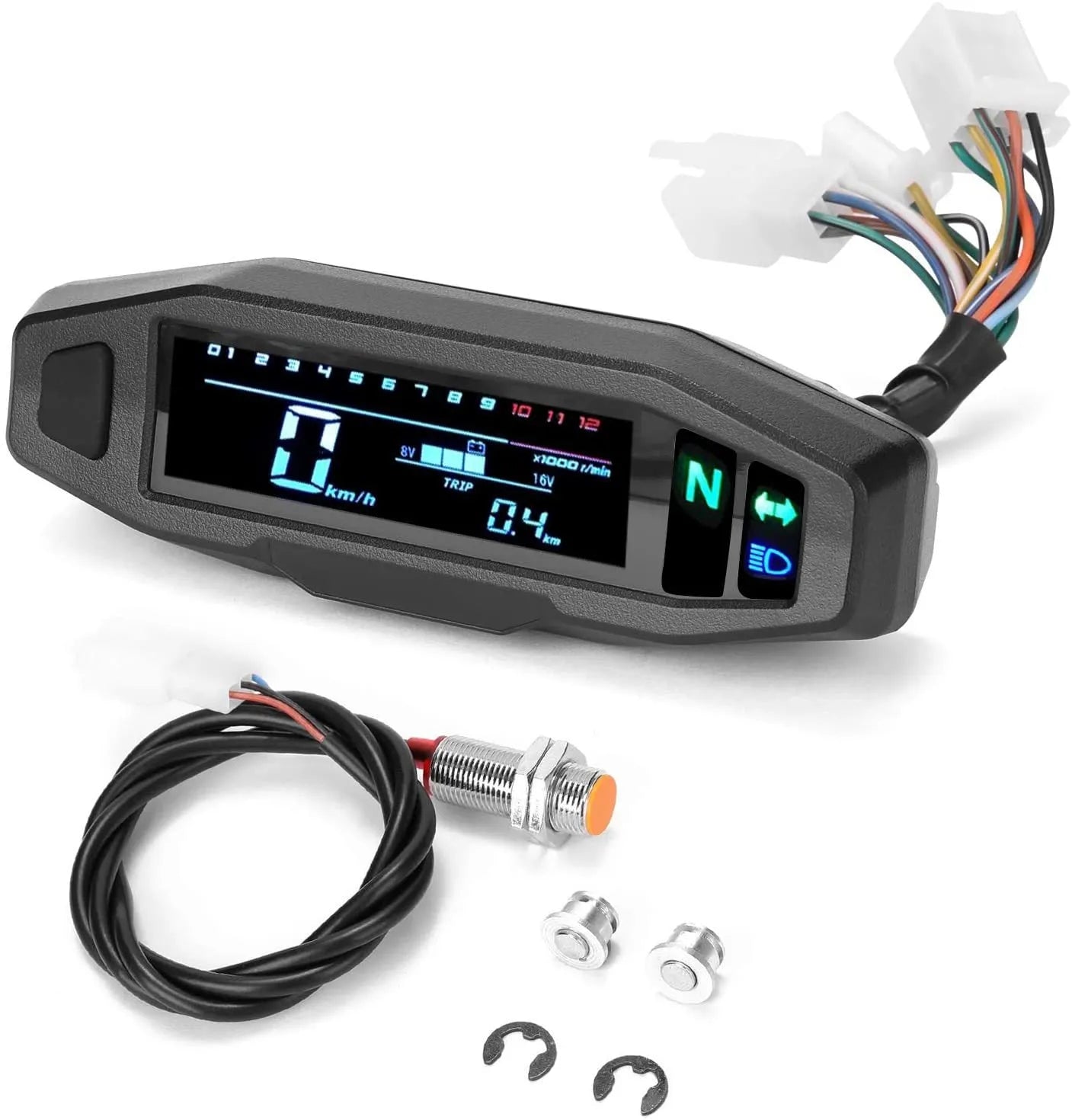Black motorcycle mini speedometer with LCD display showing speedometer, odometer, tachometer and fuel gauge functions