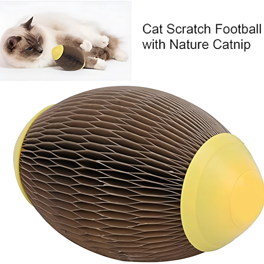 Green corrugated paper catnip football toy with scratching surface and catnip cavity.