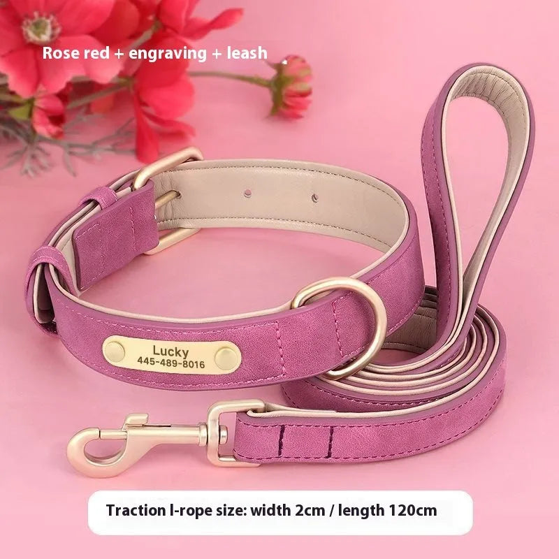 A double-layer leather dog collar and matching lead in rose red, brown, or blue, showing the adjustable buckle.