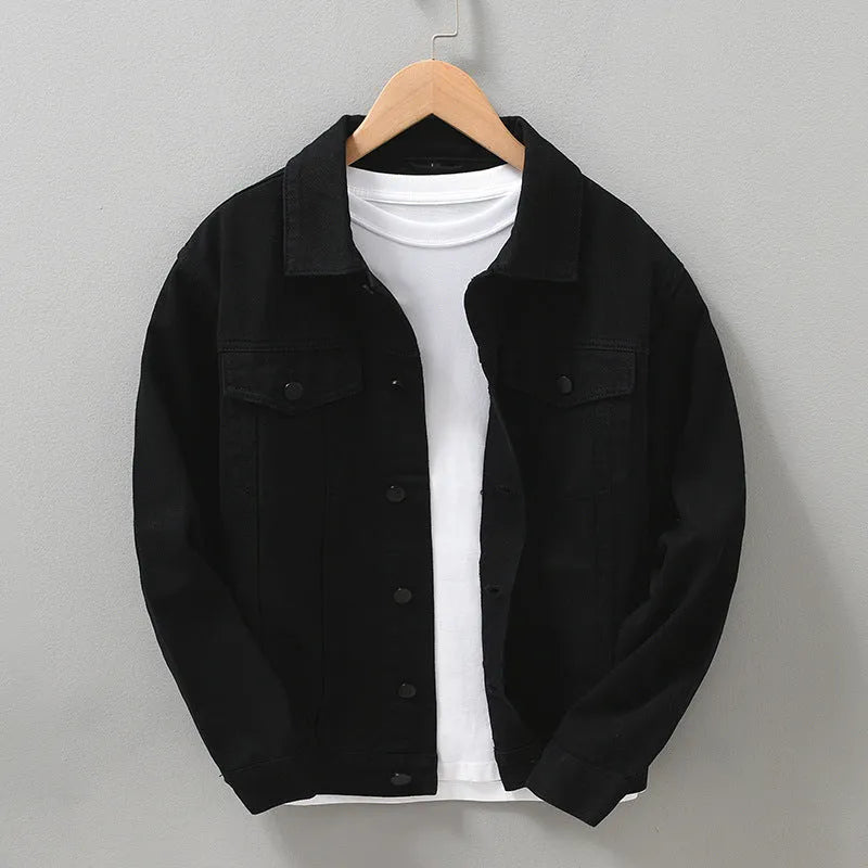 Men's Japanese style denim jacket shirt in solid apricot, black, or dark army colour, sizes M to XXXL, no hood