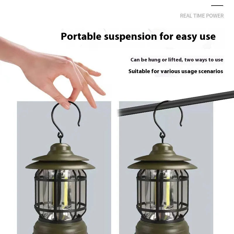 Portable dark green head lamp camping lantern shown on a table with super bright LED light on.