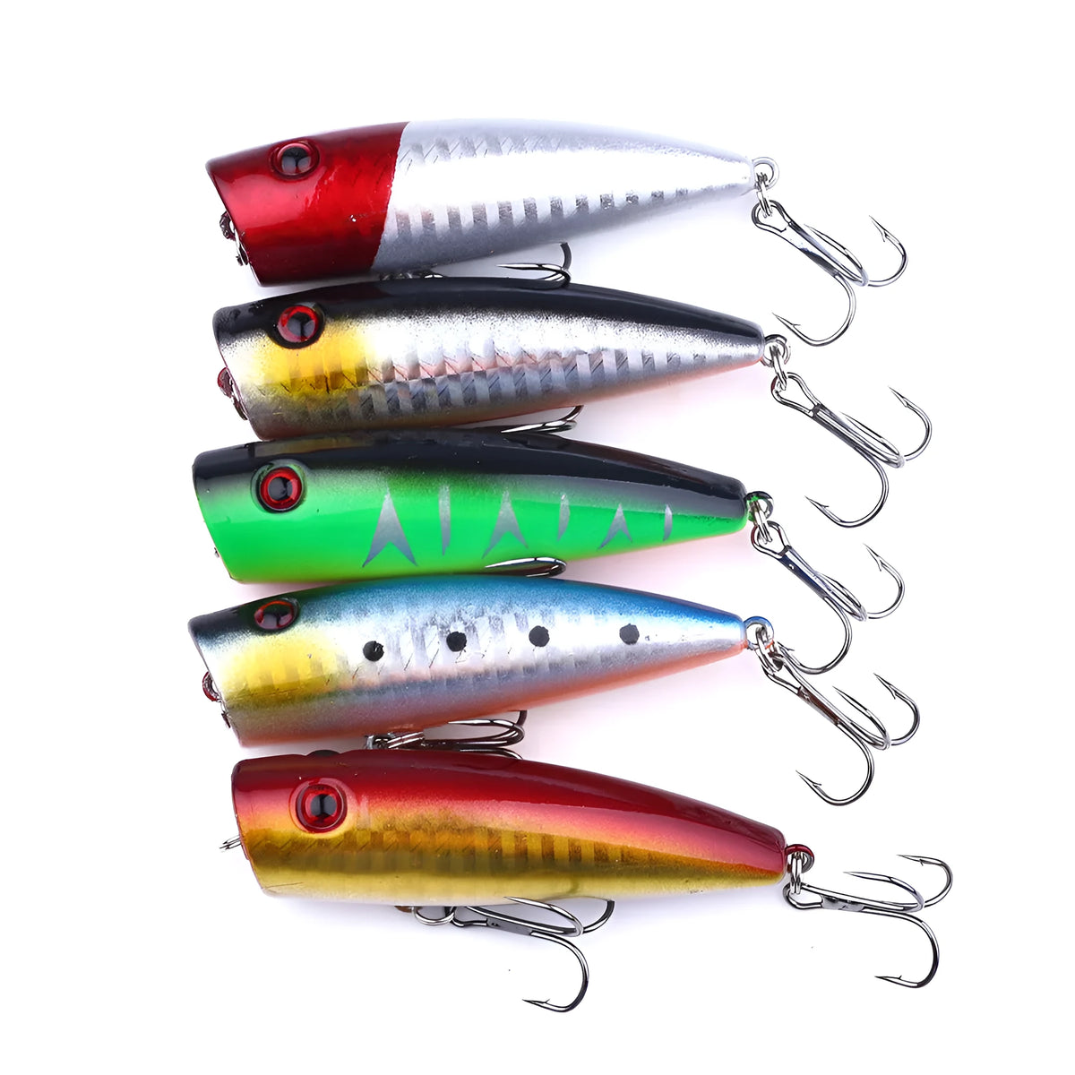 Five 7cm 9g ABS plastic freshwater fishing lures with size 6 hooks