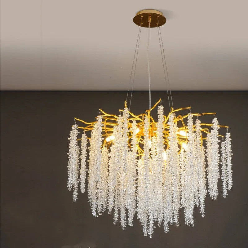 Crystal chandelier light with aluminium alloy body and LED illumination in multiple size configurations
