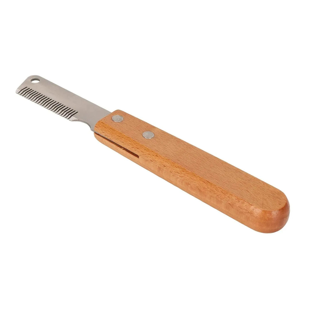 Pet stripping comb with wood handle and metal teeth for removing hair from dogs and cats